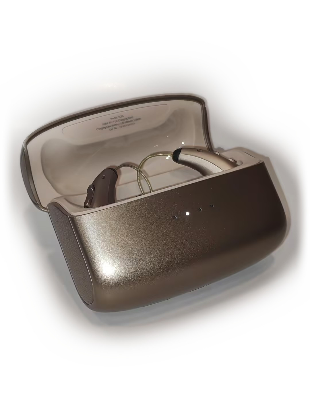 The Clarion charging case open on white, both hearing aids seated in their cradle, ready to wear.