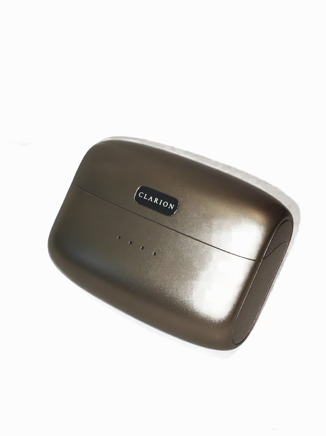 The Clarion charging case photographed on white at a three-quarter angle, the CLARION nameplate catching the light.